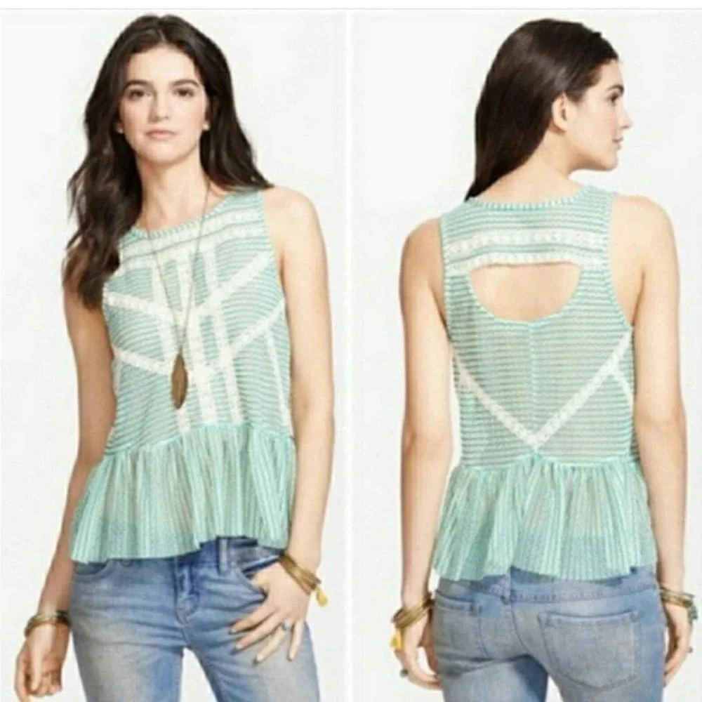 FREE PEOPLE || Loose Weave Crochet Turquoise & Lace Sleeveless Peplum Top XS - Picture 2 of 12